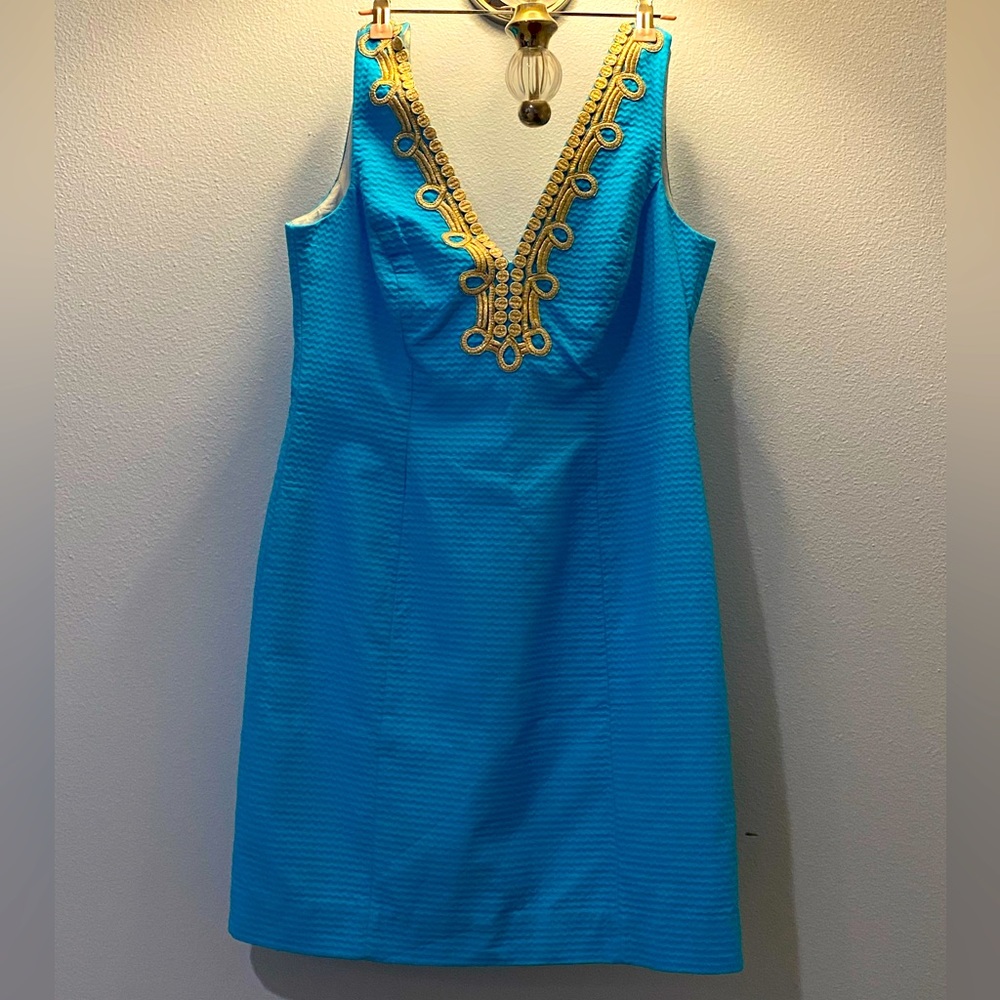 Lilly Pulitzer Turquoise Sheath Dress with Gold Trim